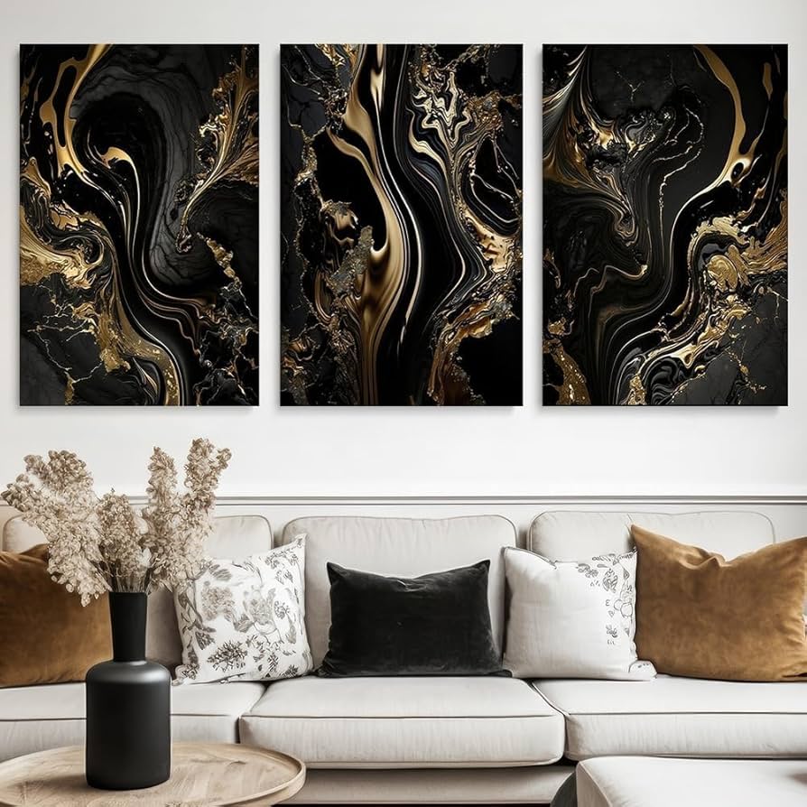 Amazon.co.jp: 壁画3点セット黒金壁画、金色大理石壁画黒色寝室